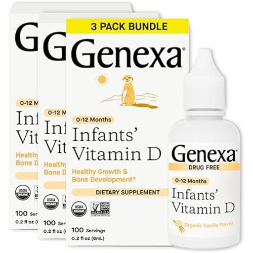 Genexa Infants Vitamin D Liquid Drops for Newborn, Baby & Toddler | Bone Development | Delicious Organic Vanilla Flavor | Certified Organic, Gluten Free, & Non-GMO | 270 Servings (3 Pack)