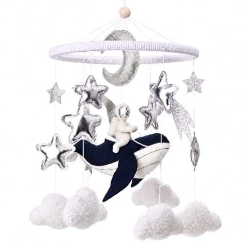 Space Crib Mobile for Bassinet Nursery Decor for Baby Boys | Handmade Felt Astronaut & Whale Baby Mobile for Bassinet, Starry Night Nursery Decor, Newborn Baby Shower Registry Gift