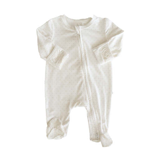 Picot Trim Bamboo Zipper Footie in Baby Taupe | Caden Lane