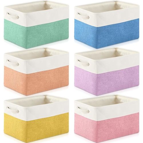Geiserailie 6 Pcs 15 x 11 x 9.5 Inch Cube Storage Bins Fabric Storage Organizer Bins Foldable Cube Baskets with Sturdy Carry Handles Wicker Baskets for Home (Macaron Color)