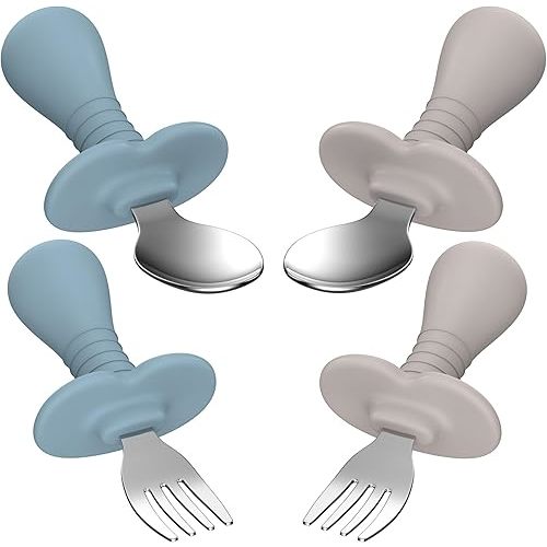 4 Pieces Toddler Utensils, Kids Silverware Set with Silicone Handle, 18/8 Stainless Steel Children Safe Forks and Spoons, BPA Free, Anti-Choke Design (Lite Blue, Grey)