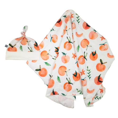 Peach swaddle and hat set, 0-3 months receiving blanket (Peach fruit), stretchy cotton clementine essentials registry search must haves