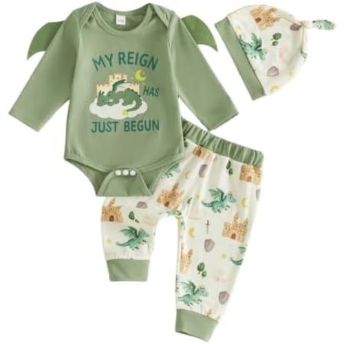 Fall Baby Boy Clothes Dragon Long Sleeve Romper Pants Set with Hat