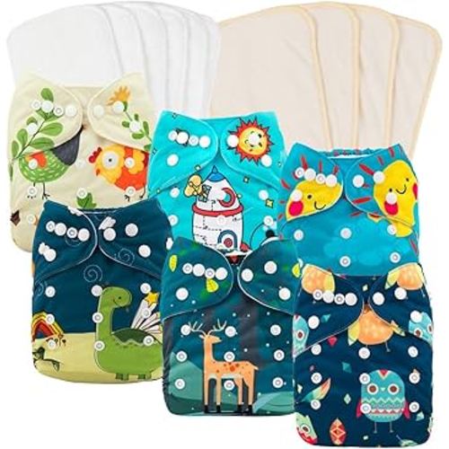 babygoal Reusable Cloth Diapers 6 Pack+6pcs Microfiber Inserts+4pcs Rayon from Bamboo Inserts, One Size Adjustable Washable Pocket Nappy Covers for Baby Boys,Rash-Free