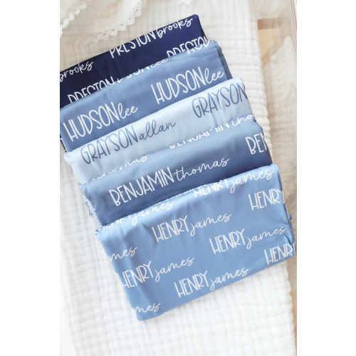 Personalized Baby Name Swaddle Blanket Font Duo | Best Selling Blues