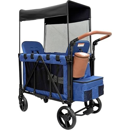 Wagon Stroller for 2 Kids with Insulated Snack Pack Foldable All-Terrain Wagon, 5-Point Harness & Canopy Parent Organizer Adjustable Handle (Blue)
