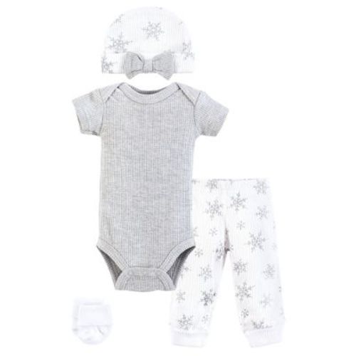 Hudson Baby Girls Thermal Preemie Layette Set 4pc Short Sleeve Outfit, Snowflake, Preemie