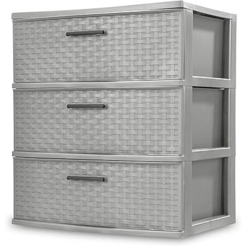 3 Drawer Wide Weave Tower, Plastic Décor Drawers with Pull Handles, Light Gray