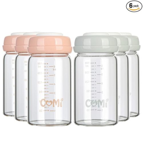 COMI Wide Neck Glass Breastmilk Collection n Storage Bottle, 4 Packs, 6oz with Screw Ring Sealing Disk; Re-markable Sealing Disc. BPA Free, Fits Breast Pumps & Nipples (3 Gray Lids + 3 Pink Lids)
