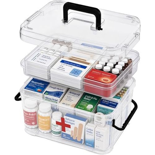 15QT Clear Medicine Organizer Box with Handle, Plastic Dorm Medicine Box with Tray, Empty First Aid Boxes, Thickened Medicine Storage Organizer, Multipurpose Medication Organizer Storage, Clear