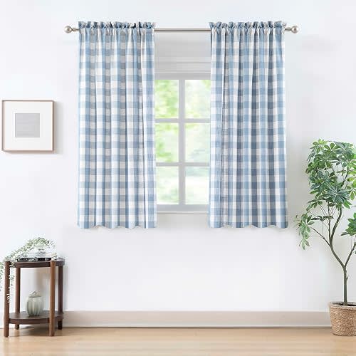 Beige-Dusty Blue Buffalo Plaid Semi Sheer Curtains 63 Inch Length