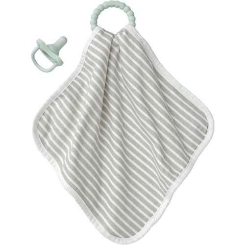 Dr. Brown's Lovey Blanket with Teether Ring and HappyPaci 100% Silicone One-Piece Pacifier, Soothing Security Blanket Set for Baby, Gray Stripes, 0m+
