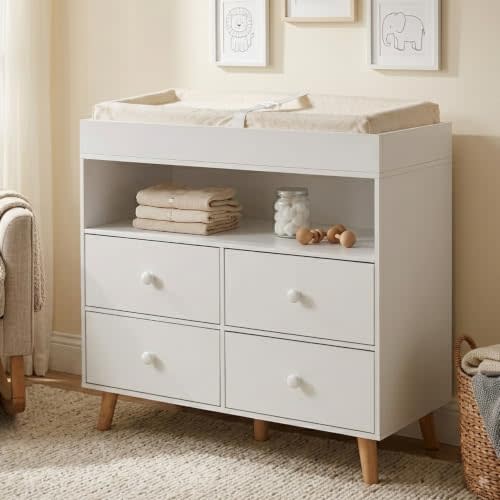 Baby Changing Table with 4 Drawers and Shelves Diaper Changing Station | Anti-Tip Design | Waist Height | Sturdy Wood Legs | Particle Board
