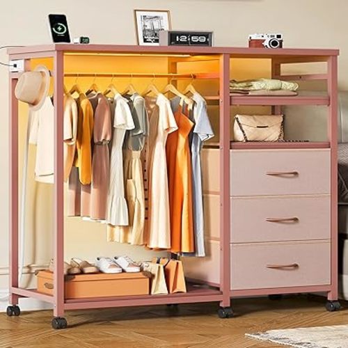 WLIVE Pink Dresser with Hanging Rack for Bedroom, 3 Drawer Dresser with LED Lights & Charging Station, Fabric Dressers & Chest of Drawers, Storage Organizer with Open Shelves for Living Room