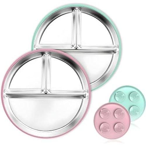 2 Pcs Stainless Steel Toddler Plate with Suction,Metal Toddler Divided Plates with Removable Silicone Sleeves for Kids, Non Slip Unbreakable Baby Snack Dishes (Pink & Cyan)