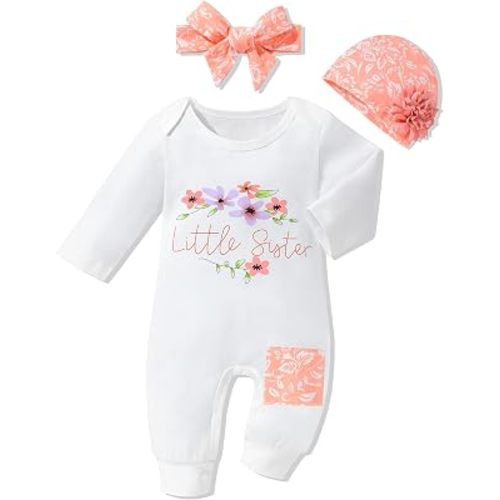 Gaupafmb Baby Girl Clothes Patter&Letter Baby Girl Romper with Bow Hat&Headband and Gloves 4Pcs Baby Girl Coming Home Outfit