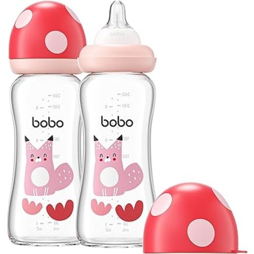 YOHKOH Natural Glass Baby Bottle with Natural Response Nipple, Newborn Anti-Colic Baby Bottles, Wide Neck Mushroom Cap Baby Bottle, Clear (8.8ounce (Pack of 2), Red2)