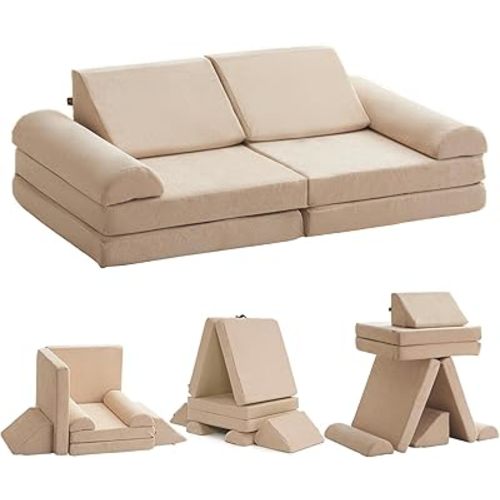 jela Kids Couch Safety Certified Play Couch Soft Kids Sofa with Machine Washable Cover Thick Foam Fort Building Set for Playroom Indoor 57x28x18 Inch (Corduroy, Brown Sugar)