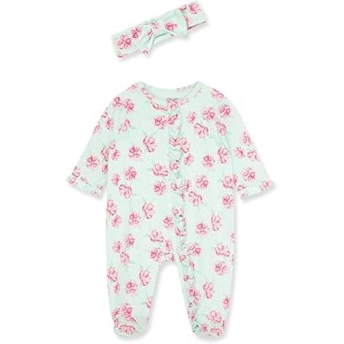 Little Me Clothes for Baby Girls 100% Cotton 2Pc Zipper Closure Footie and Headband Set, Baby Essentials