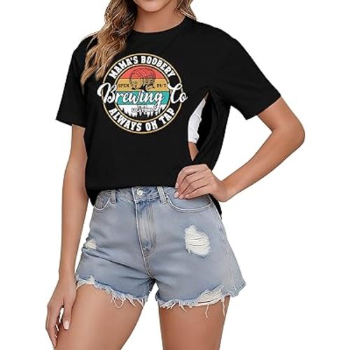 Women's Nursing Shirts for Breastfeeding Zipper Short Sleeves Mama Shirt Causal Maternity Nursing Graphic Tees Tops