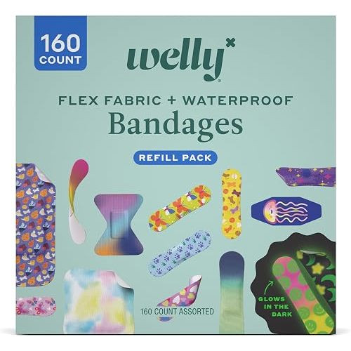 Welly Bandage Large Refill Pack | Adhesive Flexible Fabric, Glow-in-the-Dark & Waterproof Bandages | Assorted Shapes and Patterns for Minor Cuts, Scrapes, and Wounds - 160 Count