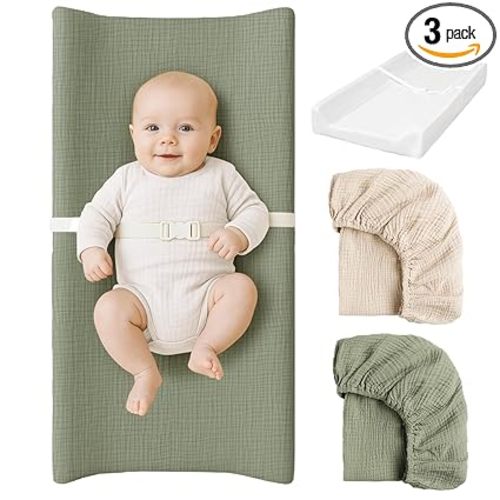 Konssy Baby Changing Pad Set with Waterproof Lining & 2 Pack Muslin Covers | Soft Foam Support, Contoured Sides, Non-Slip Base, Diaper Changing Pad for Dresser, 32" x 16" (Fog Green,Cream)