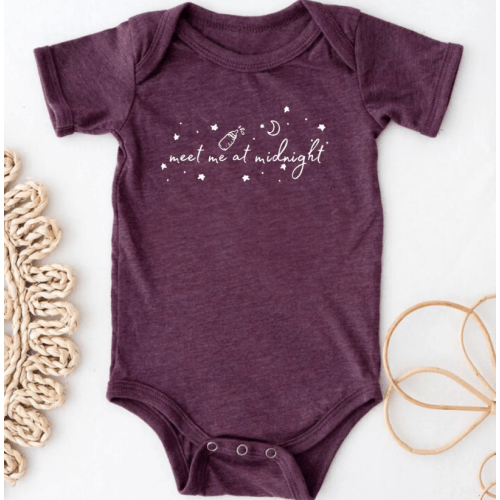 "Meet me at Midnight" baby romper, 3-6mo, heather maroon or teal