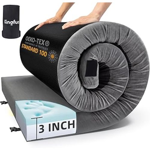 Kingfun 3 Inch CertiPUR-US Memory Foam Camping Mattress, Waterproof Roll up Sleeping Pad for Adults, Comfortable Thick Floor Sleeping Mats for Car Truck Tent with Removable Travel Bag