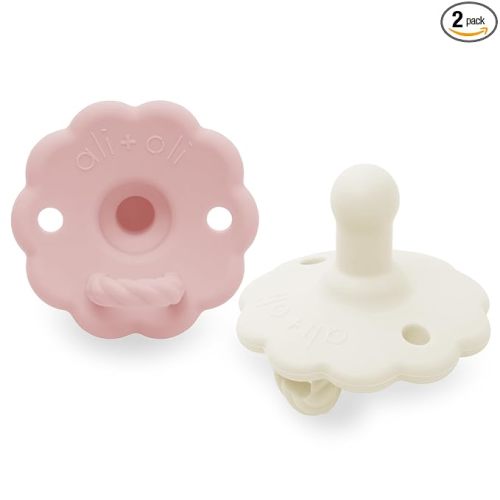 Ali+Oli Pacifier for Baby (2-pk) Set Daisy Flower Scallop (Pink-White) Concaved Shield Newborn Pacifiers, BPA-Free Silicone Baby Pacifier Set, Baby Binkies, Chupones para Bebes