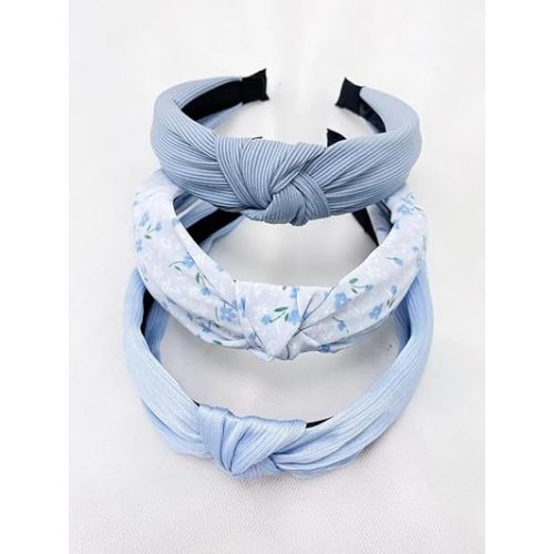 AIBFRID 3 Packs Top Knot Headbands for Women, Blue Knotted Head Bands for Women's Hair Floral Spring Summer Hairbands Cute Hair Accessories