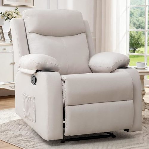 Manual Recliner Chair for Adults, Small Recliners for Small Spaces, Nursery Recliner with Adjustable Backrest, Cup Holders and Side Pockets, Reclining Chair for Living Room, Beige