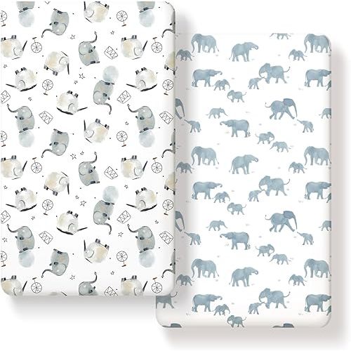 GRSSDER Stretchy Ultra Soft Jersey Knit Fitted Crib Sheets Set 2 Pack，Universal Fit All Standard Crib Mattress Pads Safe and Snug, Stylish Crib Fitted Sheet for Boys and Girls, Cute Elephant