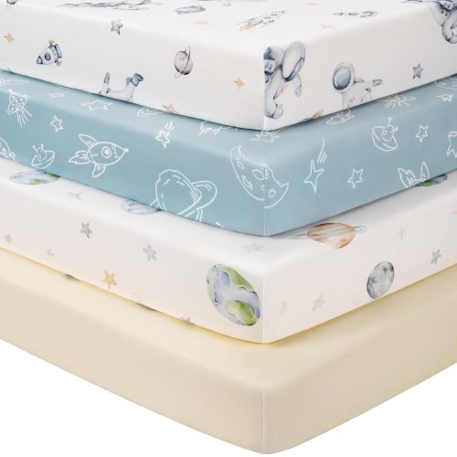 Baby Crib Sheets for Boys Girls, Toddler Bed Sheets Fitted for 52"x28" Standard Crib and Toddler Mattresses, 4 Pack Soft Breathable Stretchy Microfiber Blue Space Astronaut