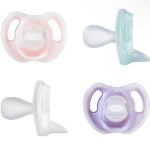 Tommee Tippee Ultra-Light Silicone Pacifier, 0-6 Months, Symmetrical One-Piece Design, BPA-Free Silicone Binkies, Pink/Purple/Green, Pack of 4