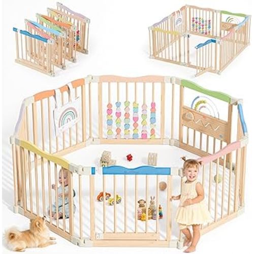 Foldable Wooden Playpen - Adjustable Wood Baby Play Yard with Child-Proof Lock, Indoor Large Safety Fence for Babies and Toddlers - Easy Assembly, 8 Panels, Colorful Rainbow Dream
