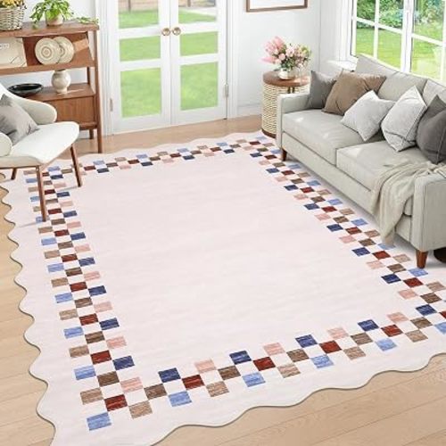 GarveeHome Washable Rug 5x7 for Living Room Large Bedroom Scalloped Rug Non Slip Stain Resistant Modern Border Throw Carpet Soft Boho Rug for Dining Room Nursery Home Office, Colorful