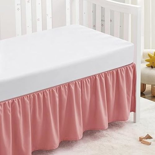SiinvdaBZX Pink Crib Skirt Dust Ruffle, Microfiber Crib Bed Skirt 52"x28" with 14" Drop, Durable Full Coverage Toddler Bedskirt Fit for Baby Boys Girls Nursery Standard Crib