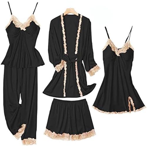 SAPJON Silk Pajamas for Women 5PCS Lace Shorts Lightweight Satin Robes Set