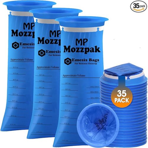 MP MOZZPAK Vomit Bags Disposable 35 Pack - 1000ml Emesis Bags, Leak-Proof Barf Bag, Travel Friendly Puke & Nausea Bag for Motion Sickness, Medical Grade Throw up Relief for Car