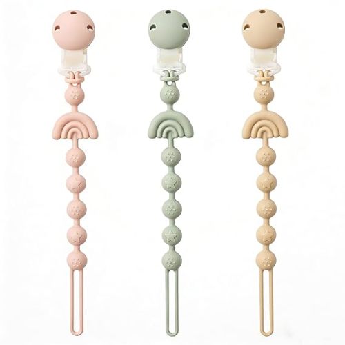 Baby Pacifier Clips One Piece Binky Clip Holder Silicone Teether Clip Pacifier Straps with Clip Baby Teether Toys for Boys and Girls Set of 3 Andy Bear-Ivory+Sage+Blush