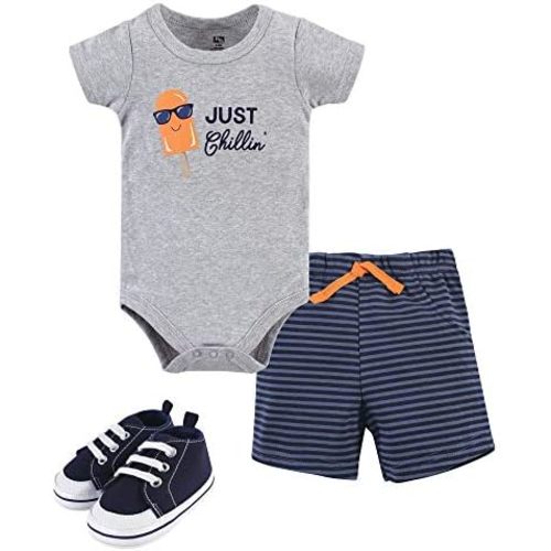 Hudson Baby Unisex Baby Cotton Bodysuit, Shorts and Shoe Set