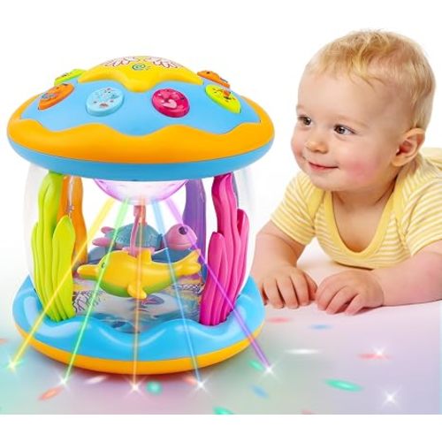 Baby Boy Toys Ocean Projector Rotating Musical Light Up Tummy Time Toys for Infants Baby Aquarium Crawling Toys Newborn Boy Girl Birthday Shower Gifts