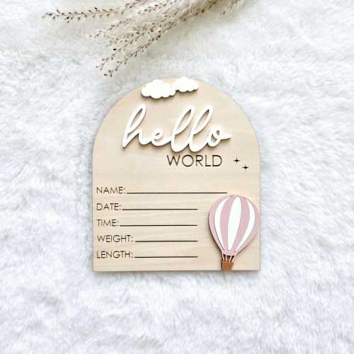 Personalized Hot Air Balloon Birth Announcement Sign, Wood Acrylic Hello World Baby Stats Disc, Newborn Photo Prop, Nursery Decor