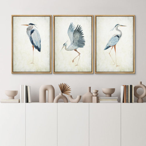 wall26 Heron Crane Bird Animals Nautical Decor - Large Framed Canvas Living Room Wall Art Work Set 3 Print & Reviews | Wayfair