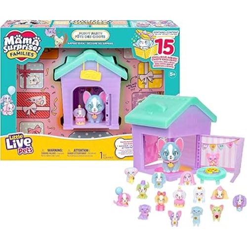 Little Live Pets Dog House Playset, Mama Surprise Families Puppy Party Pack, 15 Mini Collectible Puppies, Fold-Out Dog Playset Toy Gift for Kids 5+