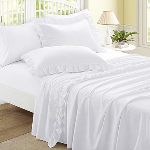 4 Pieces Ruffle Full Sheet Set, White Bed Sheets Full Size, Microfiber Coquette White Sheets with 16 Inch Deep Pocket Fitted Sheet, 1 Ruffled Flat Sheet & 2 Ruffled Pillow Shams