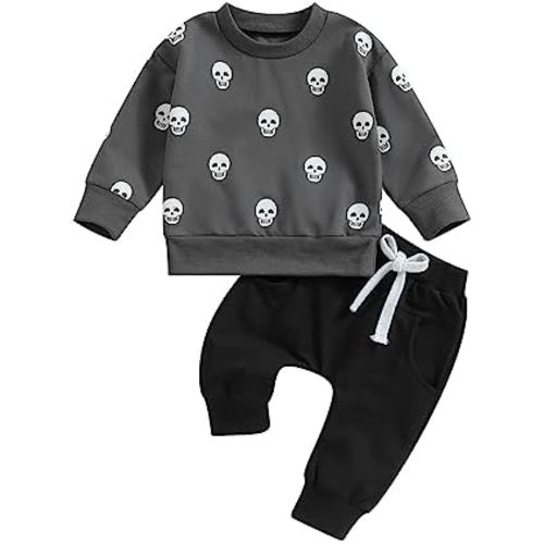 Sasaerucure Infant Toddler Boy Halloween Outfits Long Sleeve Shirts Skull Sweatshirt with Pants 2Pcs Fall Winter Outfits