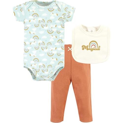 Hudson Baby Unisex Baby Cotton Bodysuit, Pant and Bib Set, Magical Rainbow, 3-6 Months