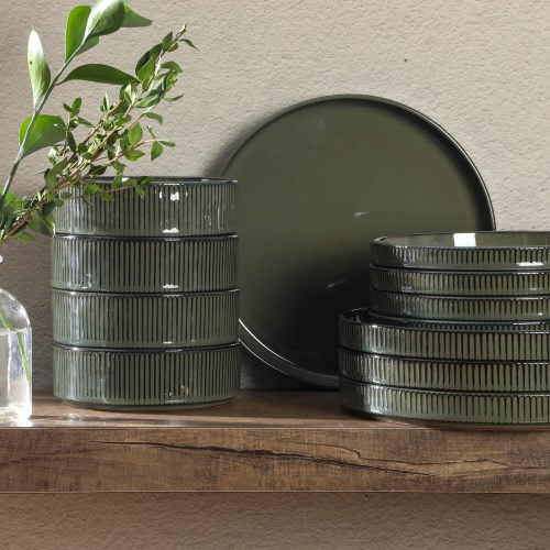 Gibson Elite 12 Piece (Service for 4) Townscape Reactive Glaze Embossed Terracotta Dinnerware Set