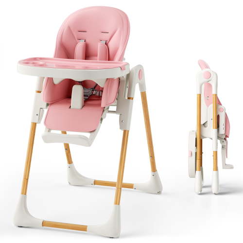 AILEEKISS Foldable High Chair for Baby, Toddler Eating Chair with Detachable Double Trays, Natural Pink